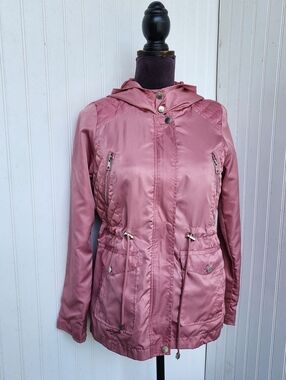 Miss London Satin military style jacket pockets Zip adjustable waist Pink Sz M